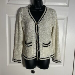Sioni Button Down Cardigan Women XS Beige Shimmer Gold Buttons Blue Trim Knit